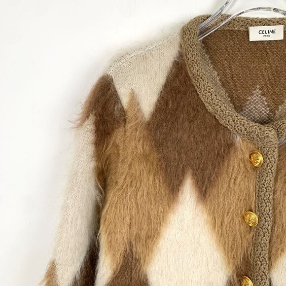 Celine Brown Diamond-Checked Mohair Cardigan Jacket With Gold Buttons XS - Picture 3 of 8